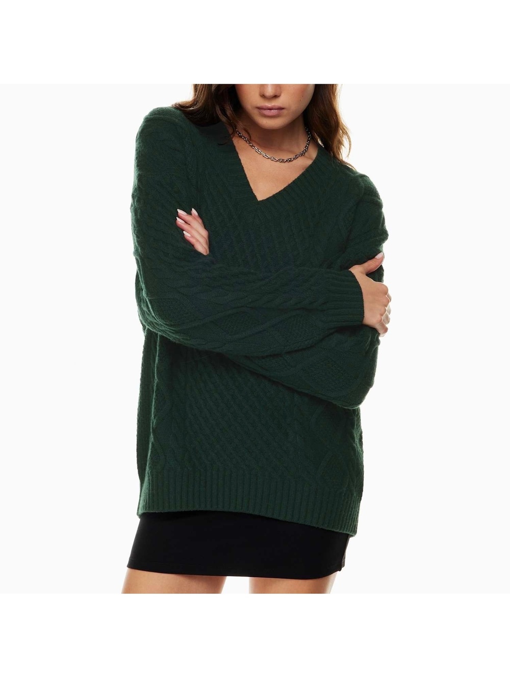 Aritzia Sunday Best Peggy Merino wool V-neck cable-knit sweater dark green